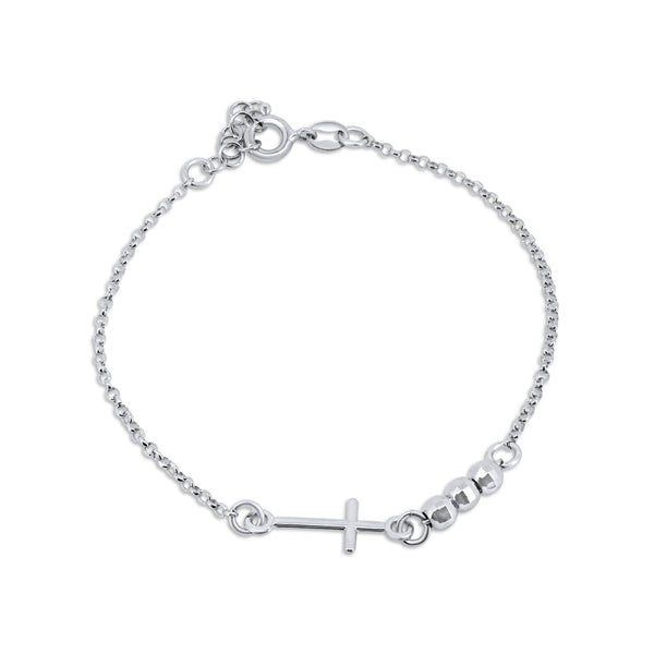 Silver 925 Rhodium Plated 3 DC Bead Cross Bracelet - GCB00003-RH