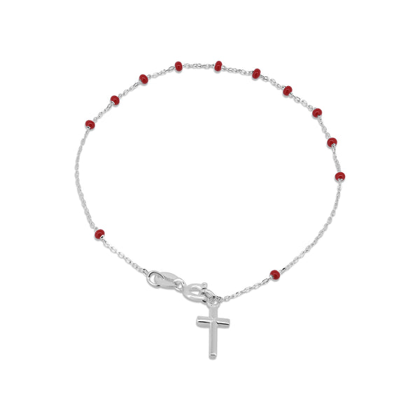 Rhodium Plated 925 Sterling Silver Red Beaded Rosary Bracelet- GCB00006RED