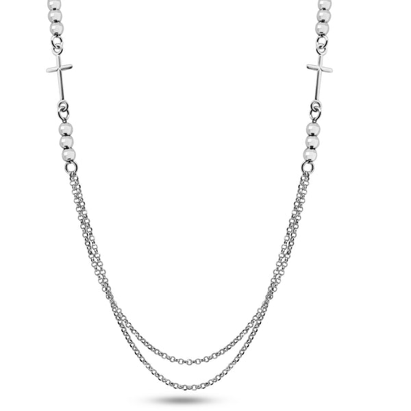 Rhodium Plated 925 Sterling Silver Multi Chain Beaded Cross  Necklace - GCP00006-RH