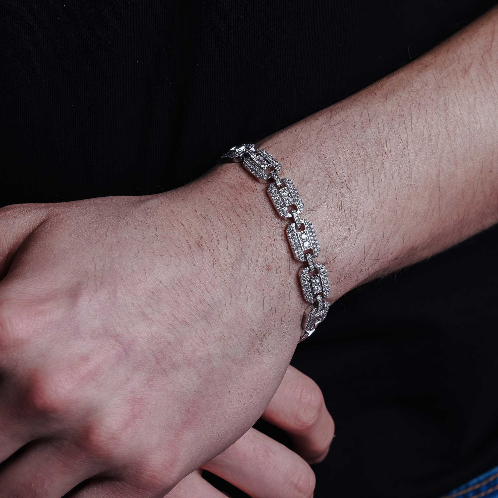 Rhodium Plated 925 Sterling Silver CZ Square Link Bracelet 8.8mm