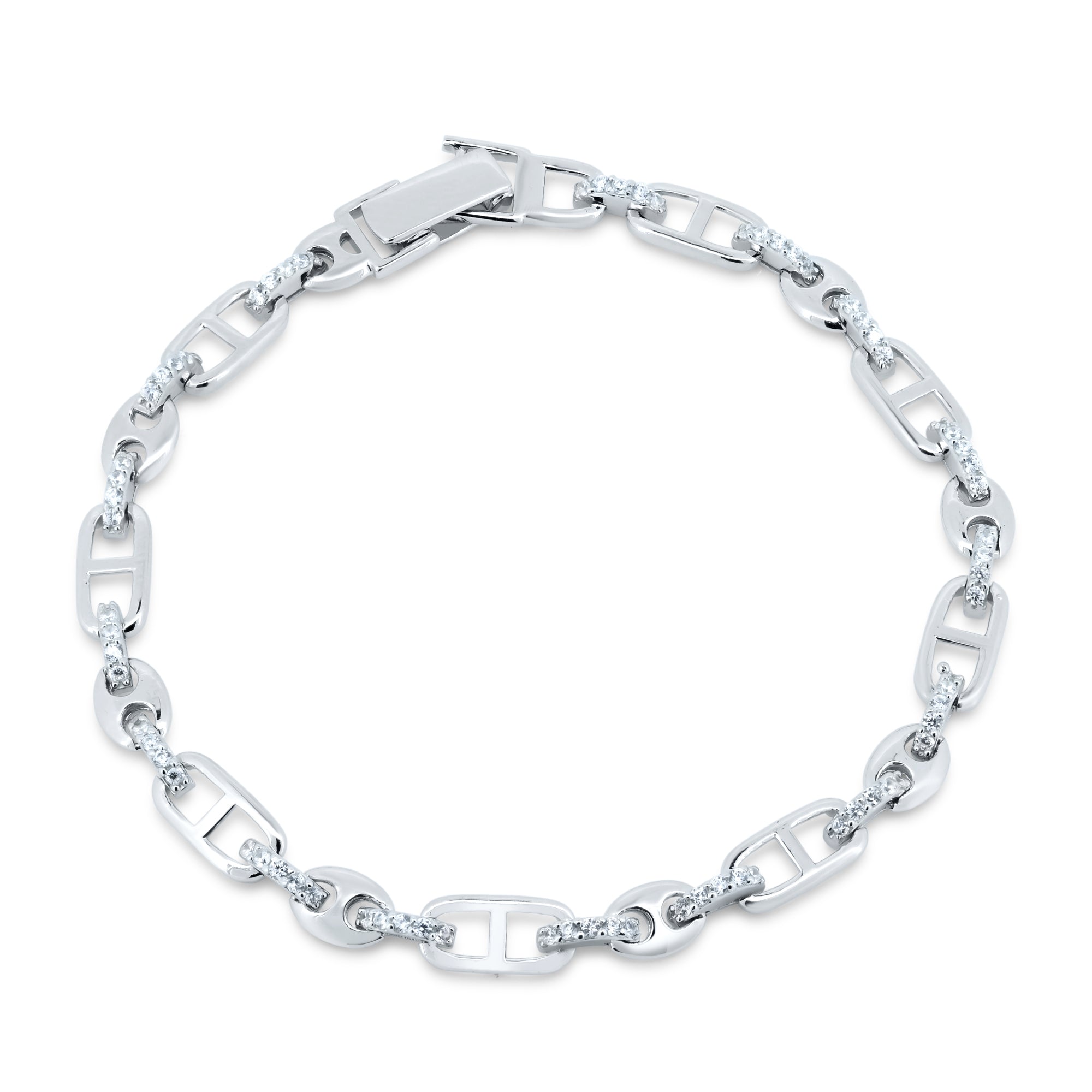 【新品未使用】HIGH-END HERITAGE SILVER BRACELET Rhodium Plated 925 Sterling Silver Mariner Style CZ Link Bracelet