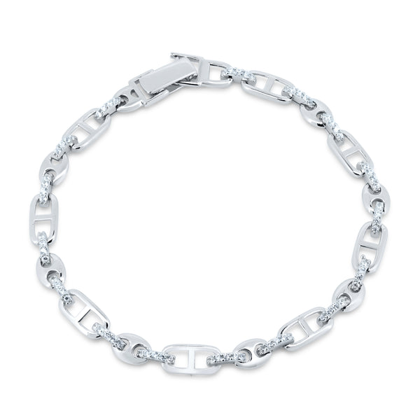 Rhodium Plated 925 Sterling Silver Mariner Style CZ Link Bracelet - GMB00110