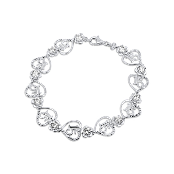 Rhodium Plated 925 Sterling Silver Flower and Hearts Quincenera Bracelet - GMB00111
