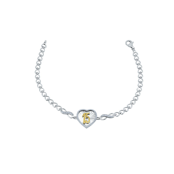 Silver 925 Rhodium Plated Diamond Cut Quincinera Heart Infinity Clear CZ Bracelet - GMB00113RG