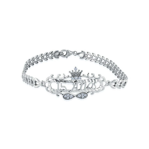Rhodium Plated 925 Sterling Silver Diamond Cut Quincinera Crown Infinity Clear CZ Bracelet - GMB00115