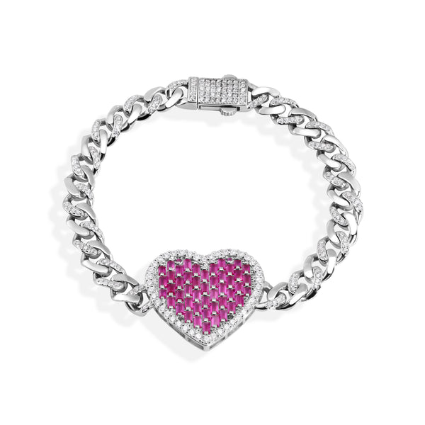 ピンク　ラリマー 　ハート　ブレスレット Rhodium Plated 925 Sterling Silver 6.4mm Heart Baguette Pink and