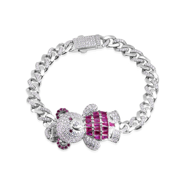 Rhodium Plated 925 Sterling Silver 6.4mm Teddy Bear Baguette Pink and Round Clear CZ Studded Bracelet - GMB00132