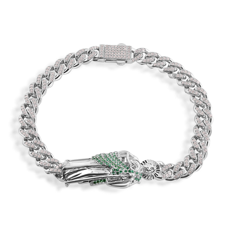 Rhodium Plated 925 Sterling Silver Rectangle St Jude Clear CZ Studded Cuban 6.9mm Bracelet - GMB00135