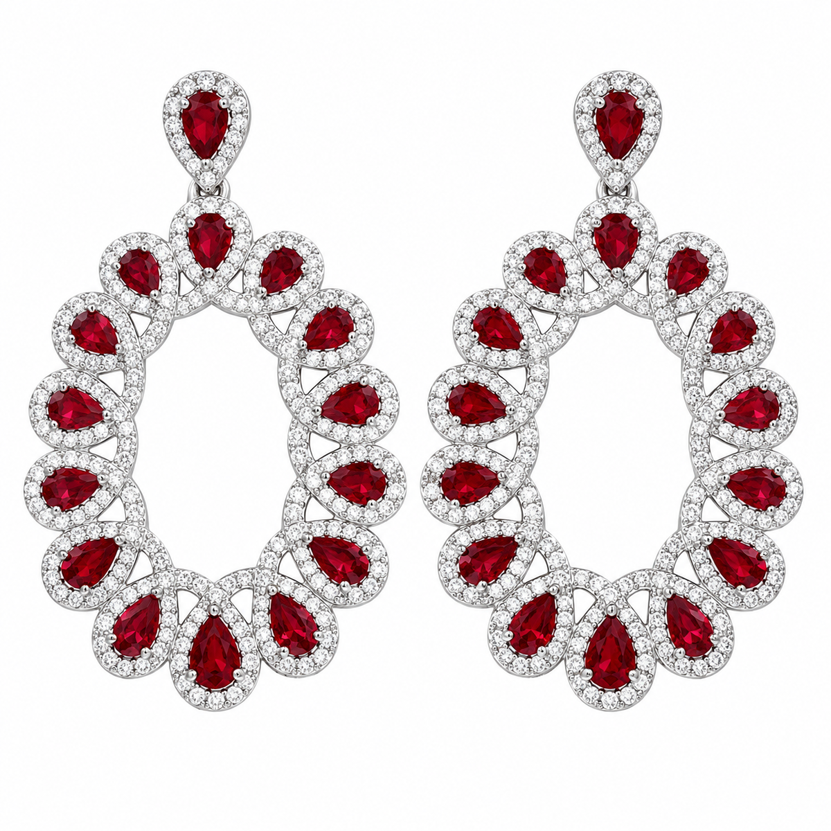 Rhodium Plated 925 Sterling Silver Open Oval Birthstone & Clear CZ Dangle Earrings - GME00106