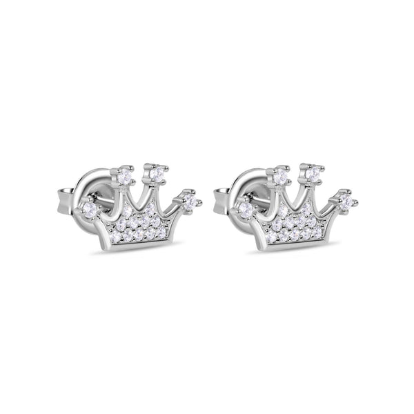 Rhodium Plated 925 Sterling Silver CZ Crown Stud Earrings