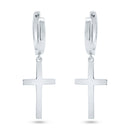 Rhodium Plated 925 Sterling Silver Dangling Cross 13.4mm Hoop Huggie Earrings - GME00146