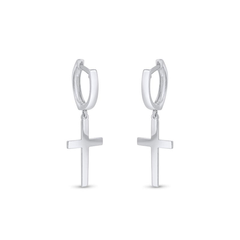 Rhodium Plated 925 Sterling Silver Cross 10mm Hoop Huggie Earrings - GME00147