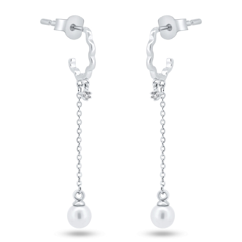 Pendientes de plata de ley con circonita cúbica y perlas colgantes chapadas en rodio - GME00149
