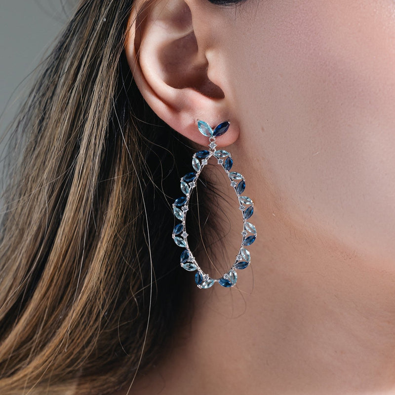 Pendientes ovalados colgantes con circonita azul chapada en rodio de plata 925 - GME00103RH-BLU