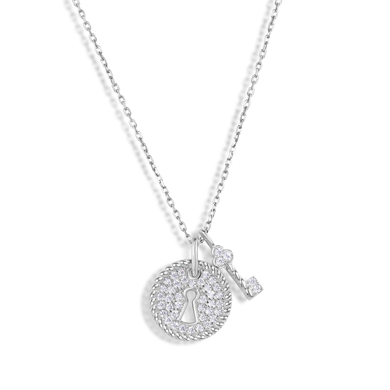 Rhodium Plated 925 Sterling Silver Lock and Key Necklace - GMN00184