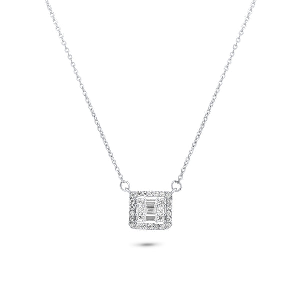 Rhodium Plated 925 Sterling Silver Round Baguette CZ Square Necklace - GMN00200