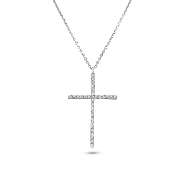 Rhodium Plated 925 Sterling Silver Cross CZ Necklace - GMN00204