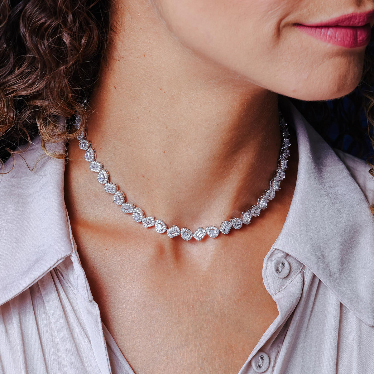 Silver 925 Rhodium Plated Round Multi CZ Tennis Necklace 7.4mm