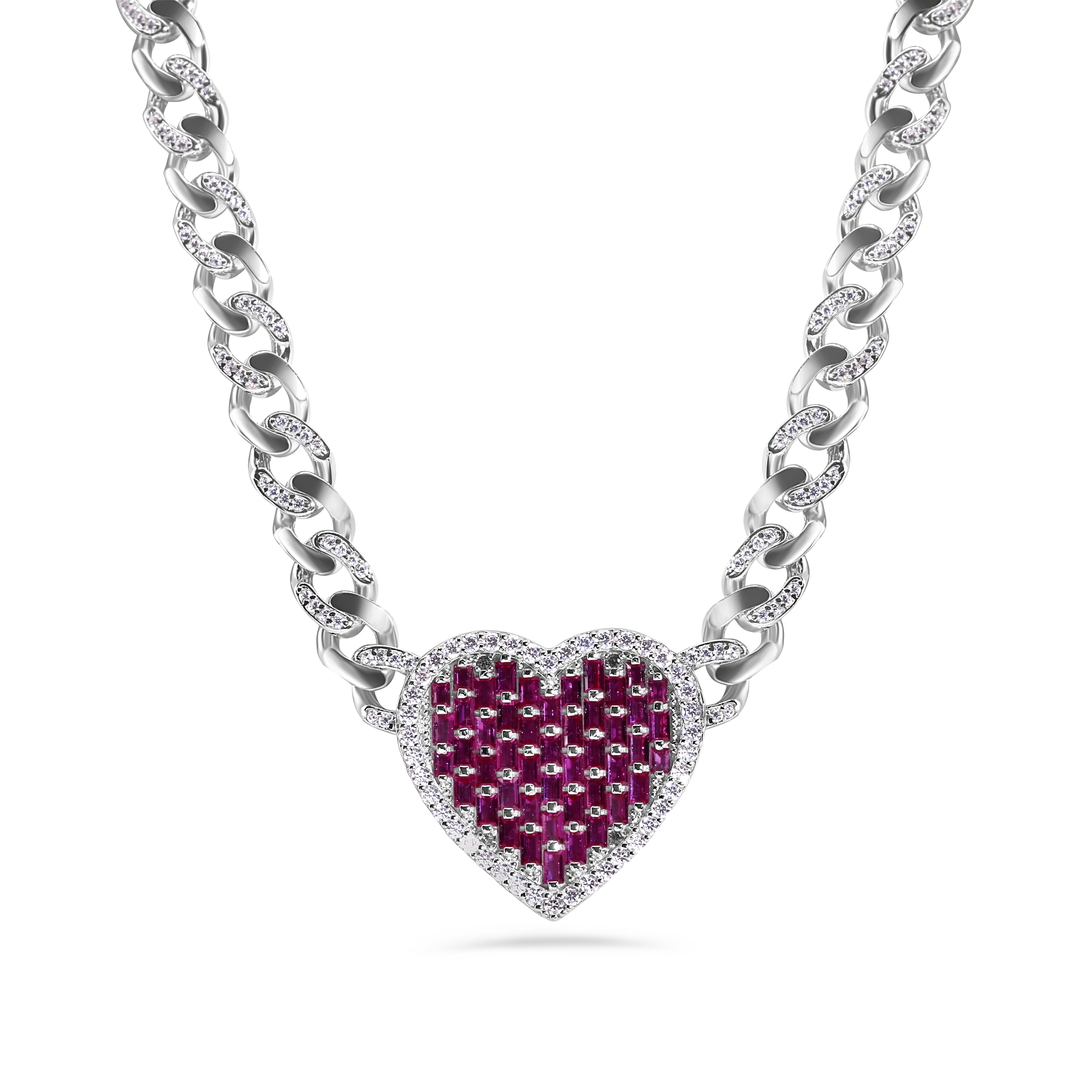 Rhodium Plated 925 Sterling Silver Heart Baguette Pink and Clear