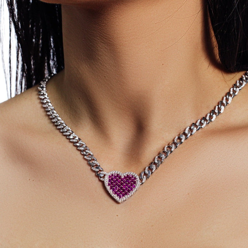 Rhodium Plated 925 Sterling Silver Heart Baguette Pink and Clear CZ Encrusted Miami Cuban Link 7mm Chain - GMN00215