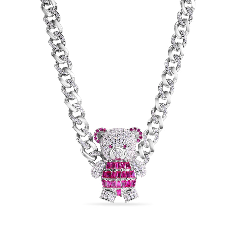 Rhodium Plated 925 Sterling Silver Teddy Bear Baguette Pink and Clear CZ Encrusted Miami Cuban Link 7mm Chain - GMN00216