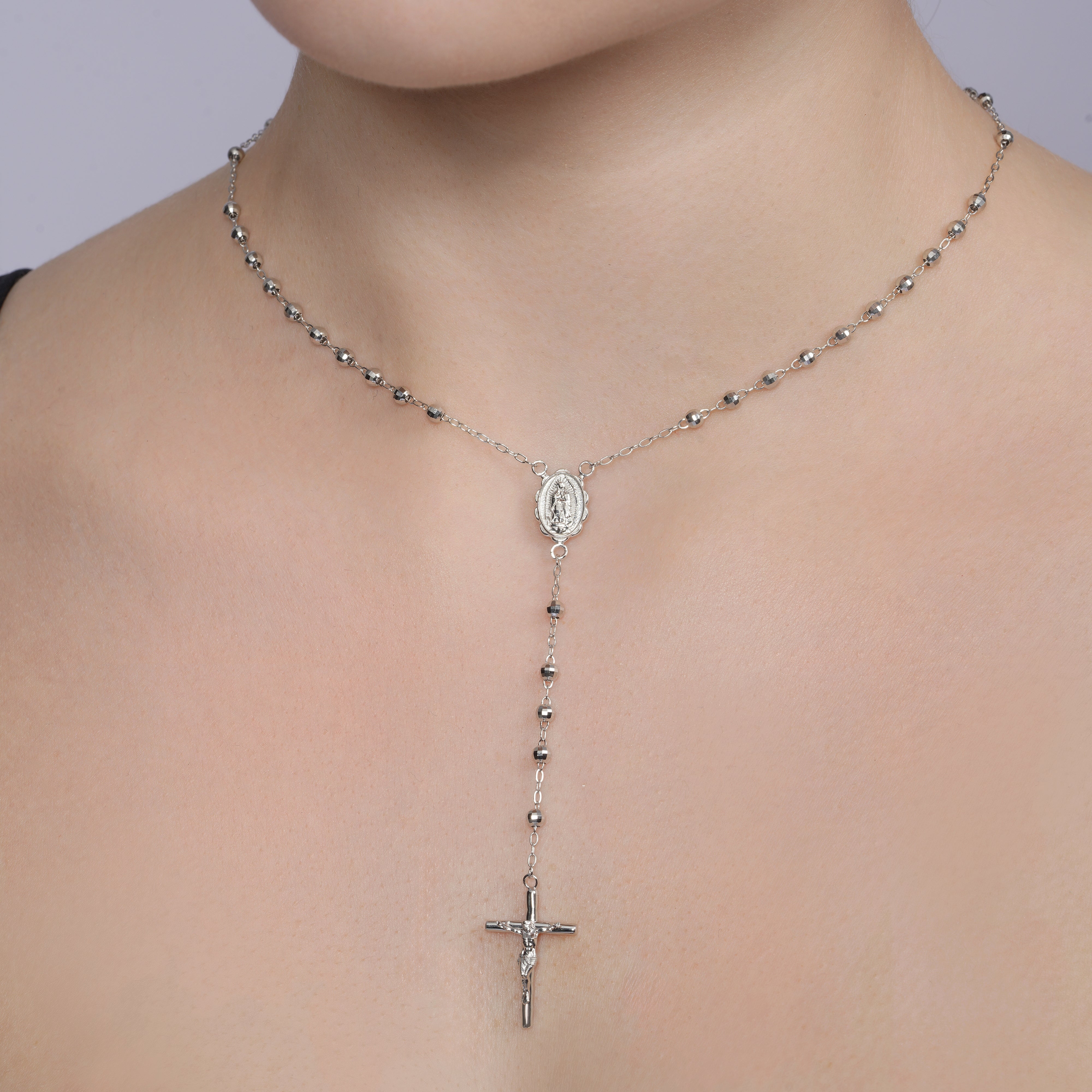 Rhodium Plated 925 Sterling Silver DC 3mm Rosary Necklace