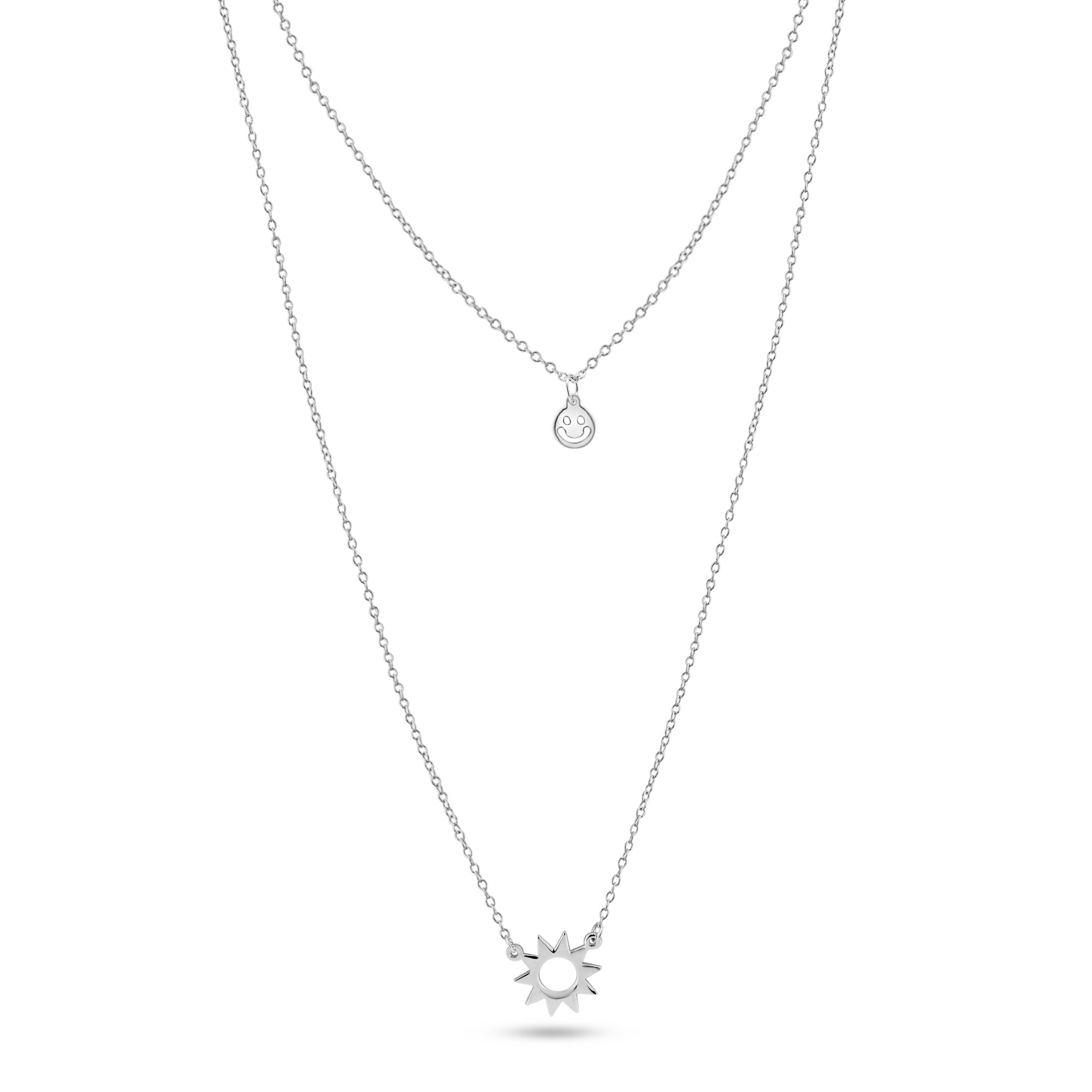 Collar de plata de ley 925 rodiada con doble cadena y sol sonriente - GMN00201