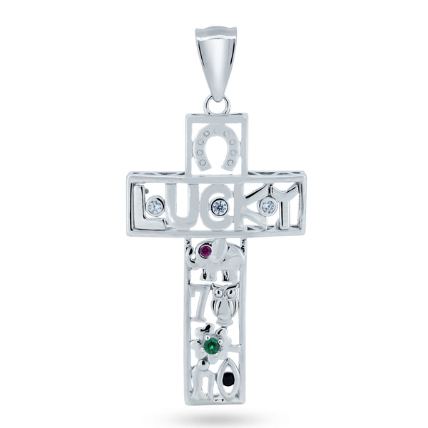 Rhodium Plated 925 Sterling Silver Lucky Cross CZ Pendant - GMP00111