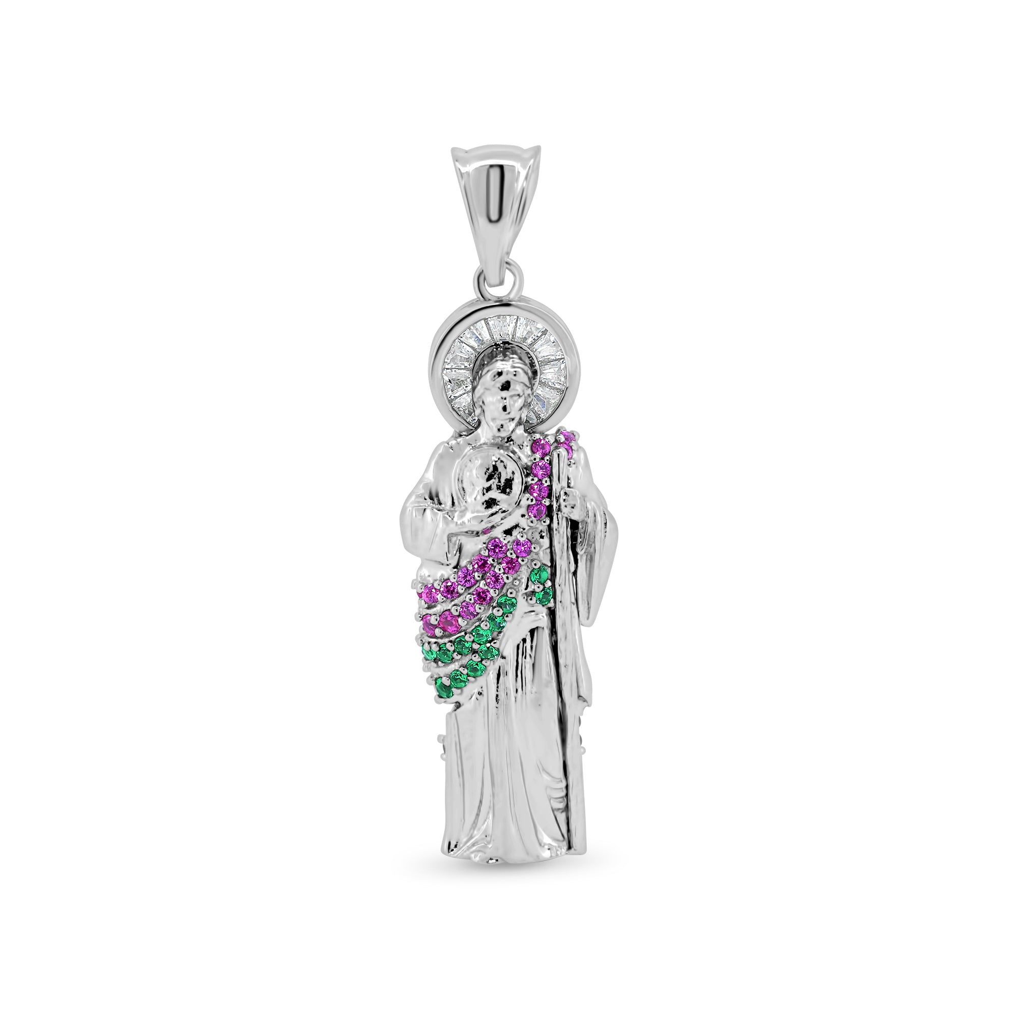 Colgante de San Judas Tadeo de 32 mm con circonitas multicolores en 3D en plata de ley 925 rodiada - GMP00124