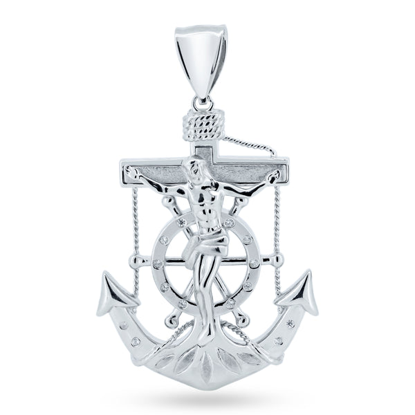 Rhodium Plated 925 Sterling Silver Anchor Helm Cross CZ Pendant - GMP00133