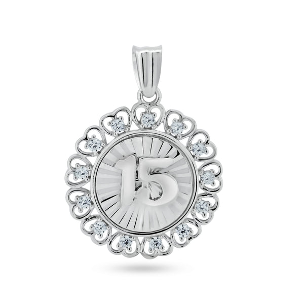 Rhodium Plated 925 Sterling Silver CZ Disc Quinceanera Pendant - GMP00136