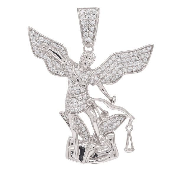 Rhodium Plated 925 Sterling Silver Saint Michael Clear CZ Small Pendant - GMP00153