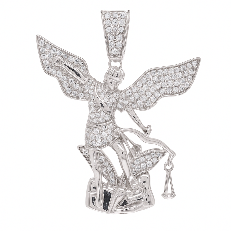 Rhodium Plated 925 Sterling Silver Saint Michael Clear CZ Small Pendant - GMP00153