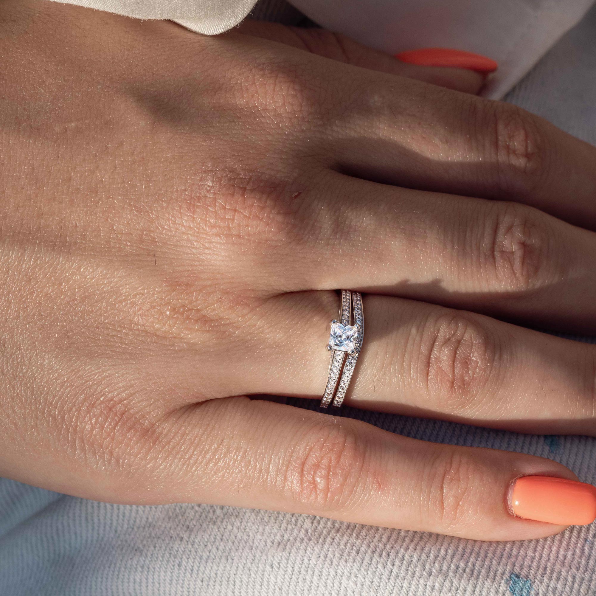 Silver 925 Rhodium Plated Thin CZ Bridal Ring - GMR00078