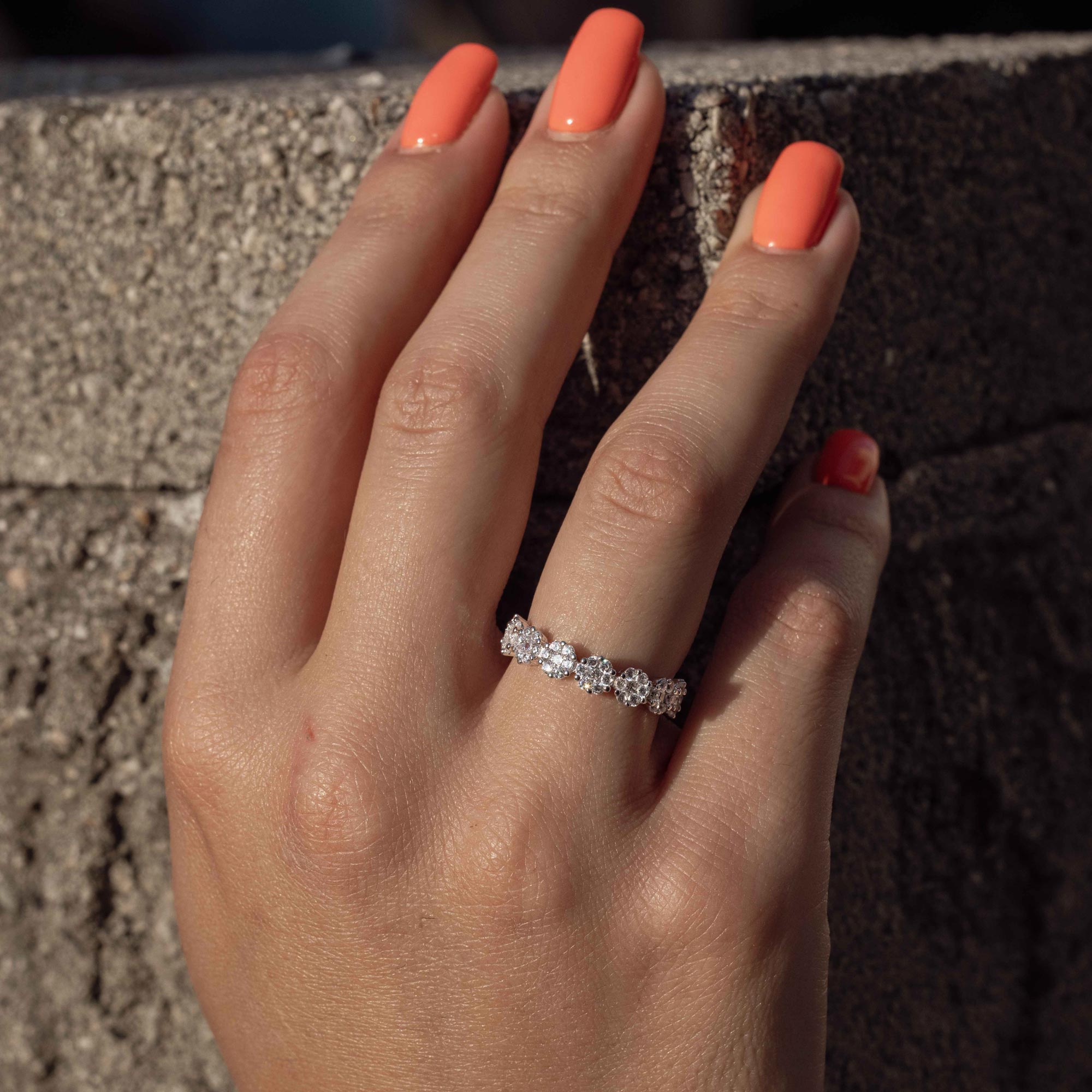 Rhodium Plated 925 Sterling Silver Flower CZ Band Ring - GMR00207