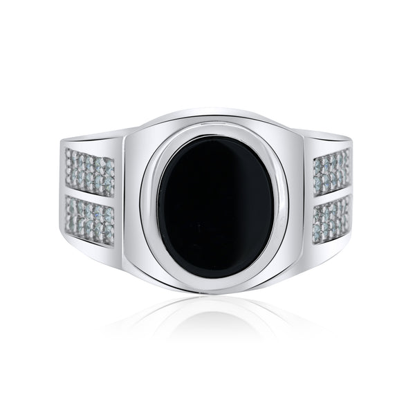 Men's Sterling Silver 925 Rhodium Oval Black Onyx CZ Shank Ring - GMR00349