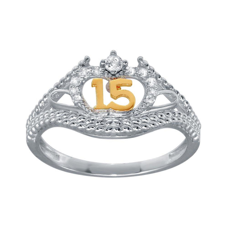 Anillo de plata de ley 925 rodiada con circonitas cúbicas de dos tonos y flor de quinceañera - GMR00302RHR