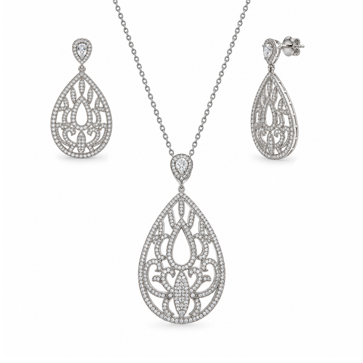 Rhodium Plated 925 Sterling Silver Filigree Micro Pave CZ Dangle Earring and Necklace Set - GMS00007RH