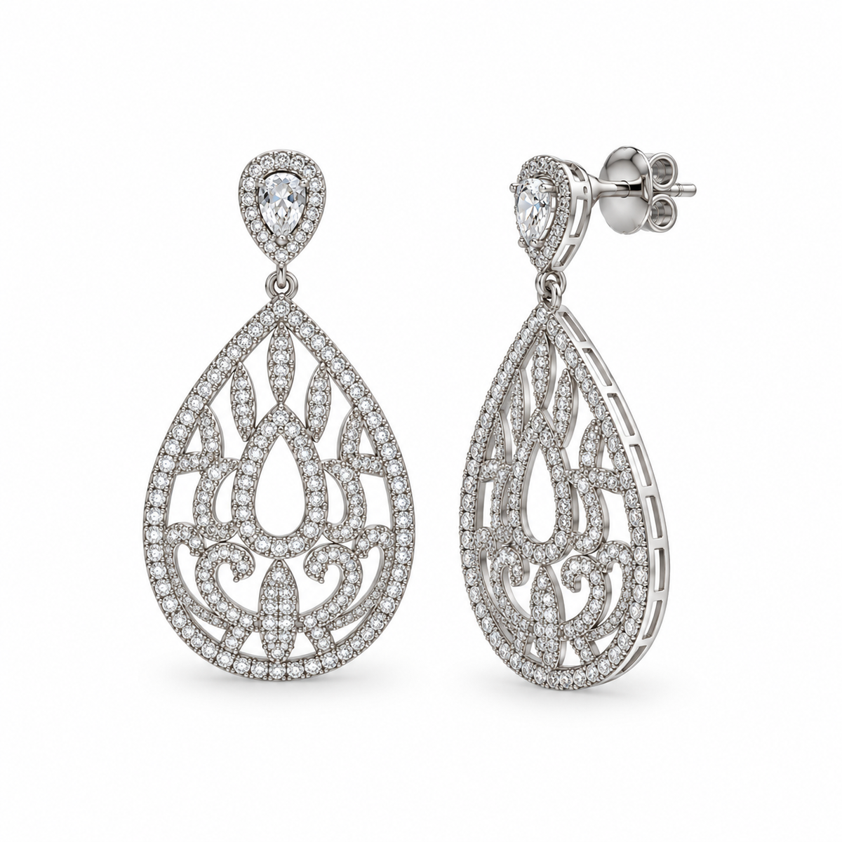 Rhodium Plated 925 Sterling Silver Filigree Micro Pave CZ Dangle Earring and Necklace Set - GMS00007RH
