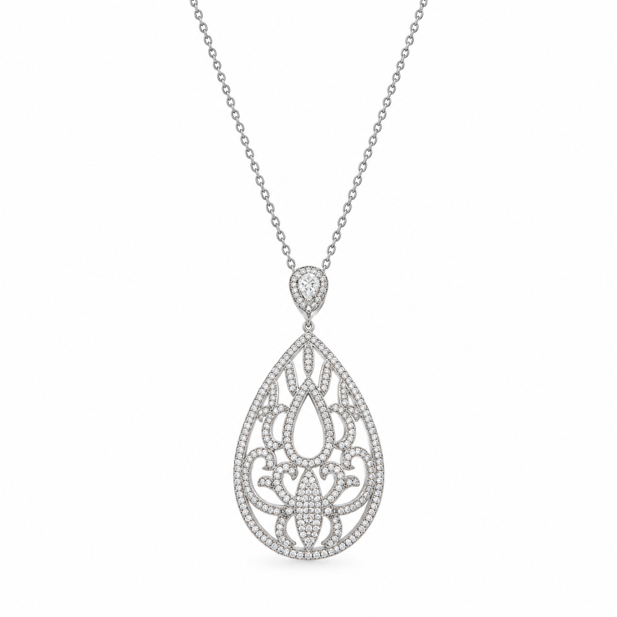Rhodium Plated 925 Sterling Silver Filigree Micro Pave CZ Dangle Earring and Necklace Set - GMS00007RH