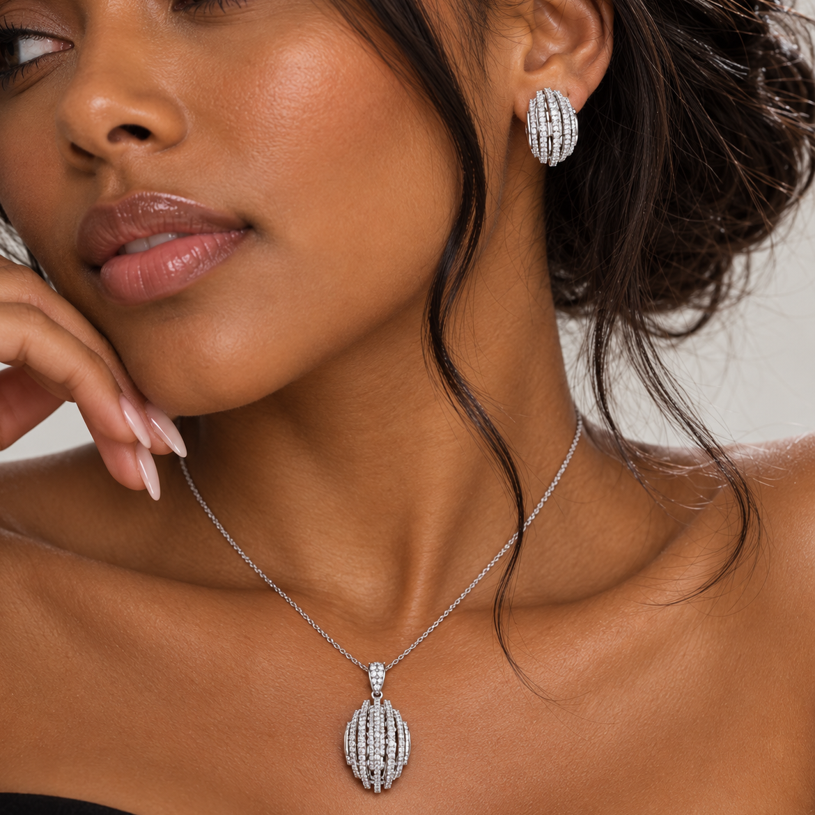Rhodium Plated 925 Sterling Silver Multi Row Oval Pave CZ Earring and Necklace Set - GMS00008RH