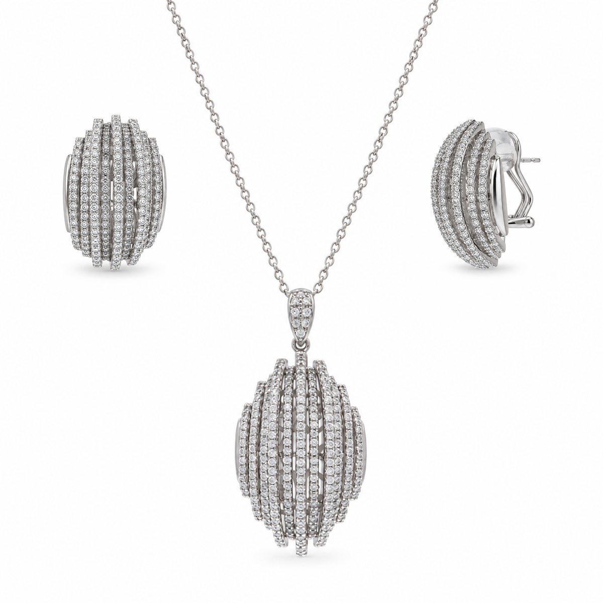 Rhodium Plated 925 Sterling Silver Multi Row Oval Pave CZ Earring and Necklace Set - GMS00008RH