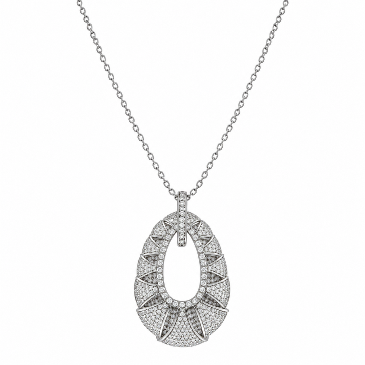Rhodium Plated 925 Sterling Silver Clear Micro Pave Open Puff Teardrop CZ Dangle Earring and Necklace Set - GMS00013RH