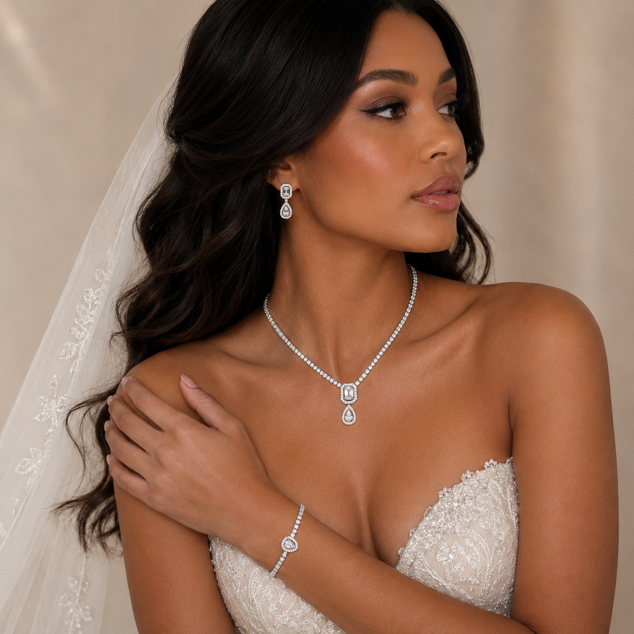 Rhodium Plated 925 Sterling Silver Pear Cut Center Stone Clear CZ Tennis 2.6mm Necklace Bracelet and Dangling Earring Bridal Set - GMS00032