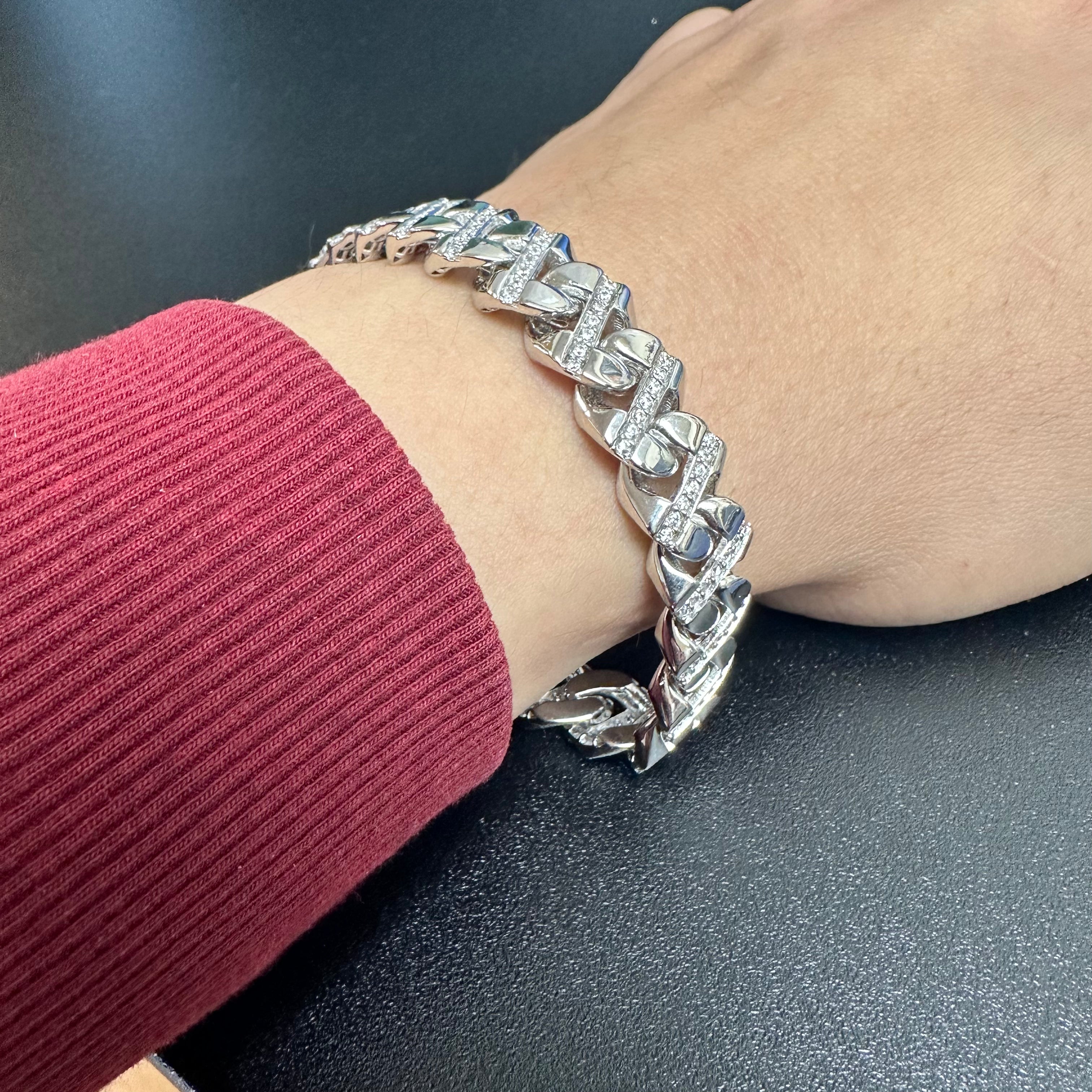 Rhodium Plated 925 Sterling Silver Cuban CZ 12mm Bracelet