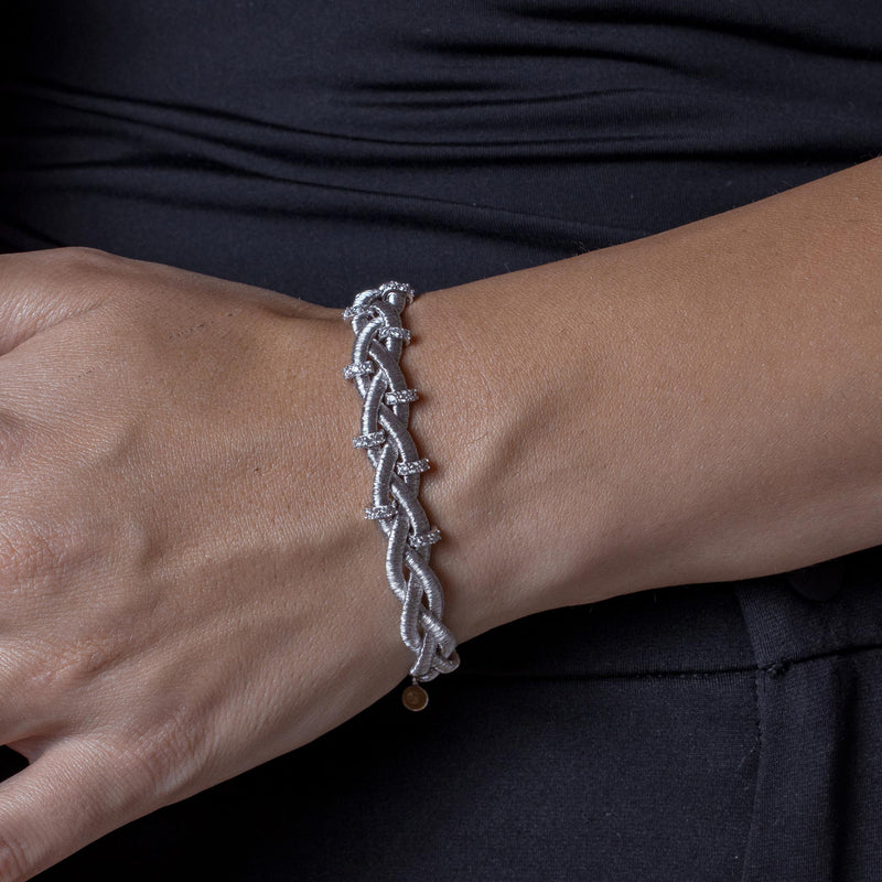Silver 925 Rhodium Plated Braided Italian Bracelet with Small CZ Bar Accents - ITB00208RH