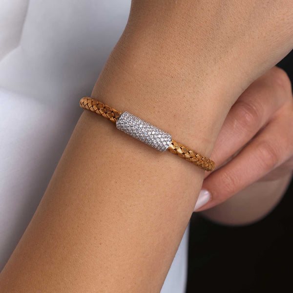 Silver 925 Rhodium and Rose Gold Plated Clear CZ Bar Braided Italian Bracelet - ITB00090RGP