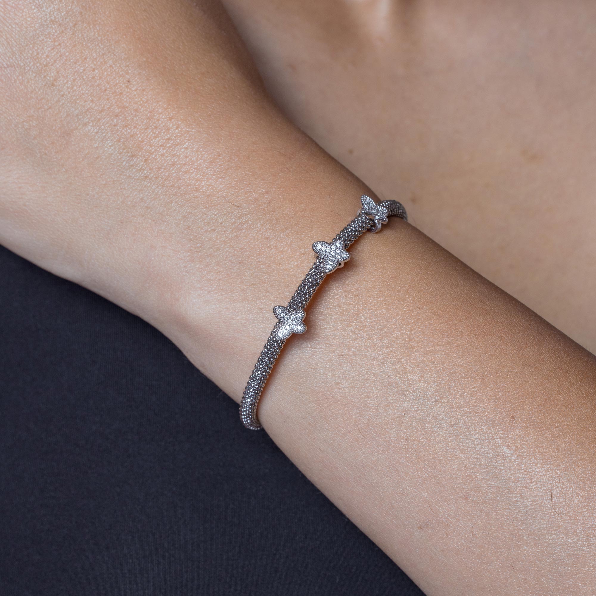 Pulsera italiana con cuentas de circonita cúbica transparente con micro pavé de mariposa chapada en oro rosa y rodio de plata 925 - ITB00176RH