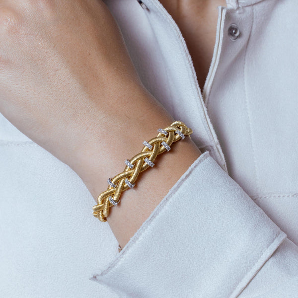 Silver 925 Gold Plated Braided Italian Bracelet with Small CZ Bar Accents - ITB00208GP-RH