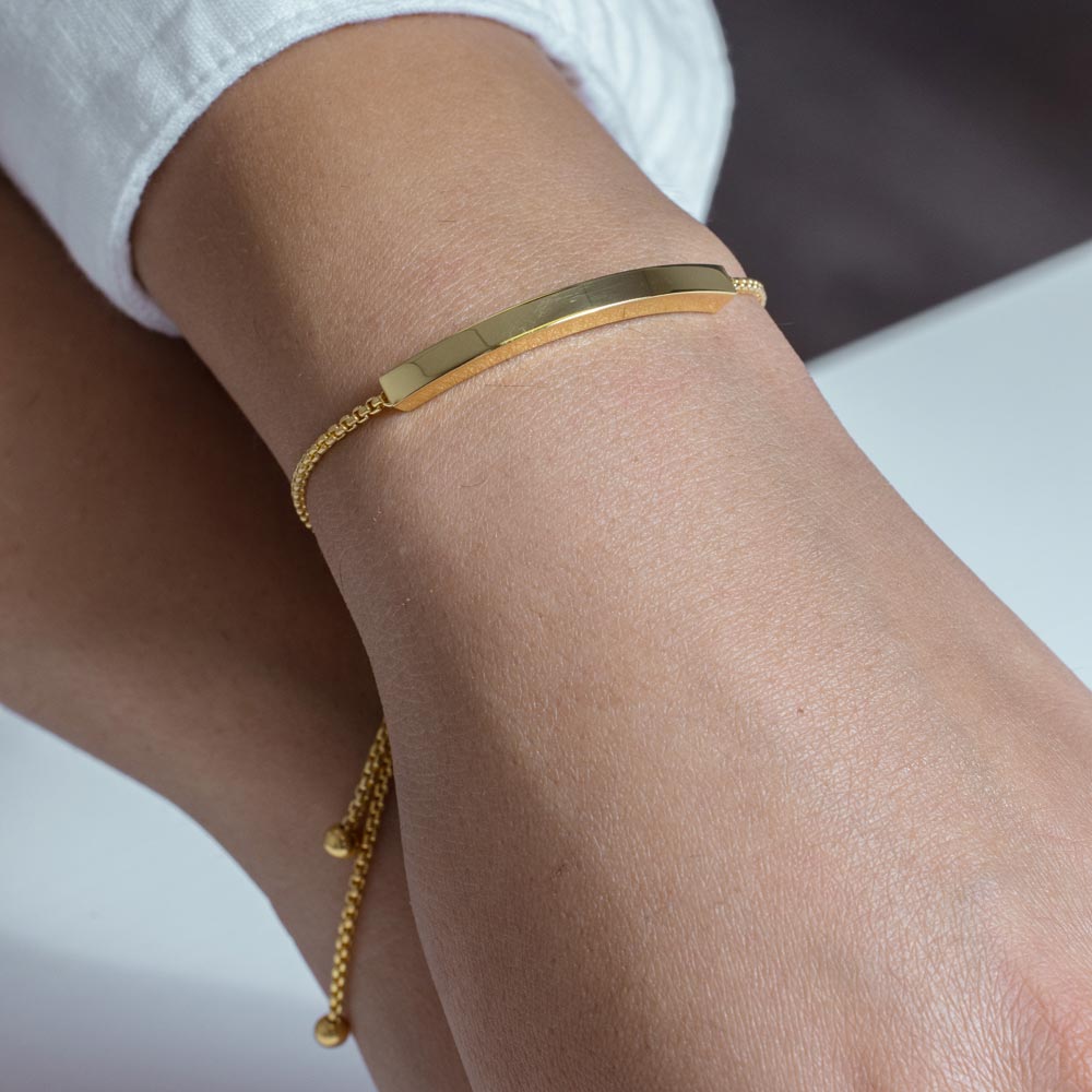 Gold Plated 925 Sterling Silver Round Box Chain ID Bar Bracelet - ITB00219GP